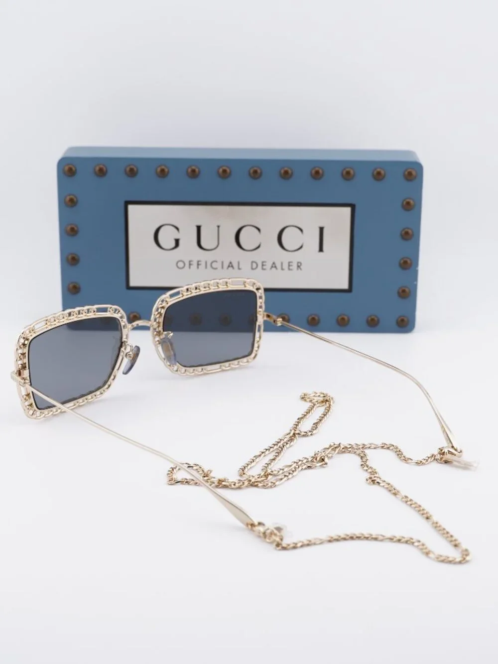 Gucci GG1112S 001 Square Sunglasses - Gold with Gold Chain/Grey